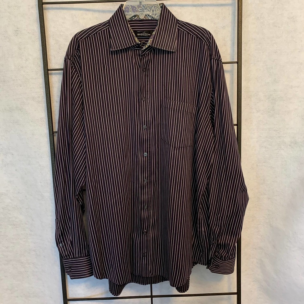 Bugatchi Men's Button Down Black w/Purple‎ Stripes